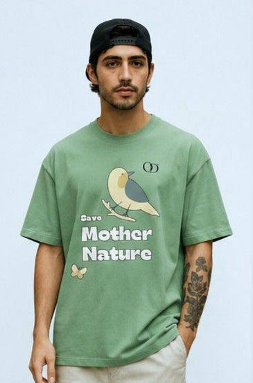 Sage Green Oversized "Save Mother Nature" Graphic T-Shirt