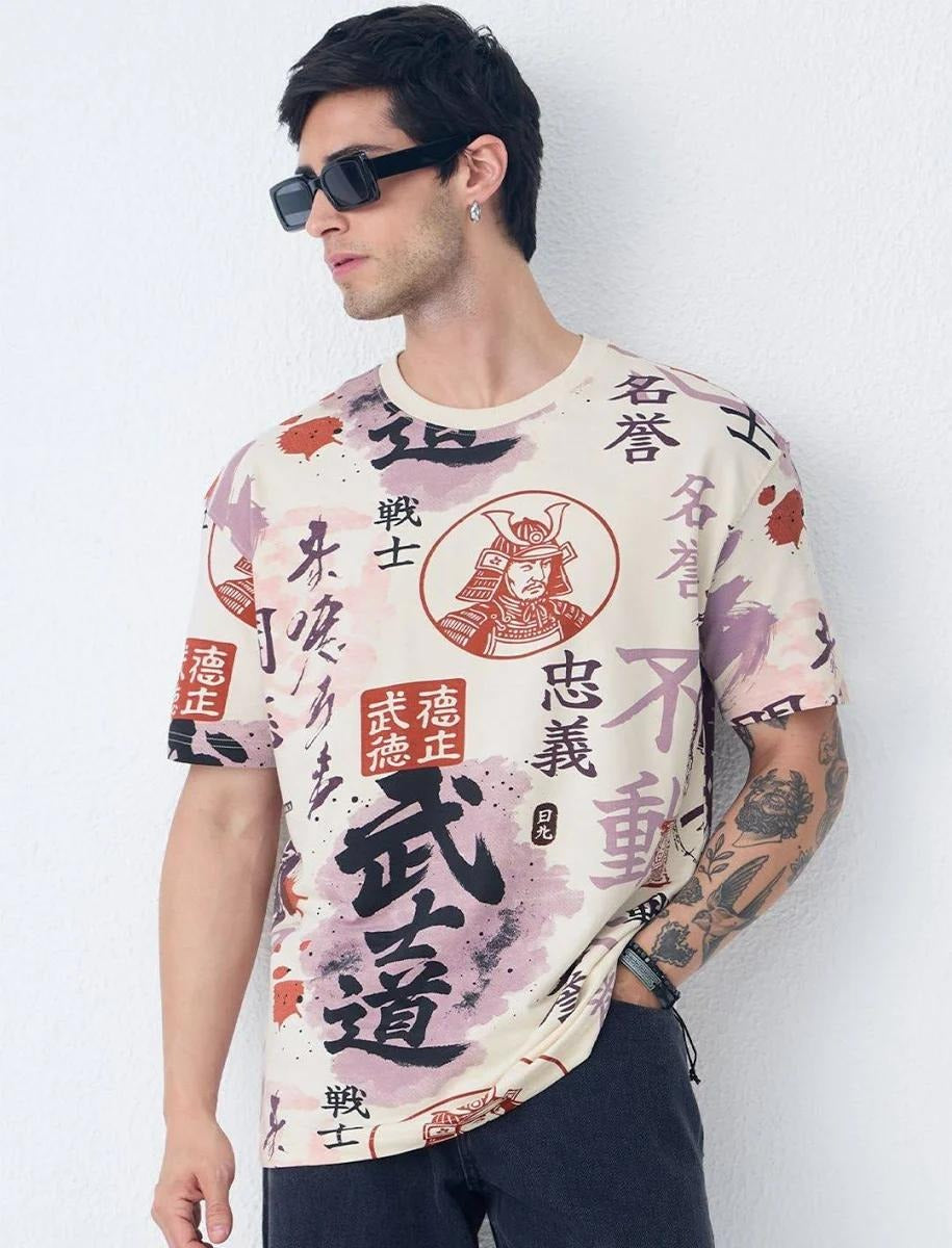 Cream Oversized Japanese Calligraphy Bushido All-Over Print T-Shirt