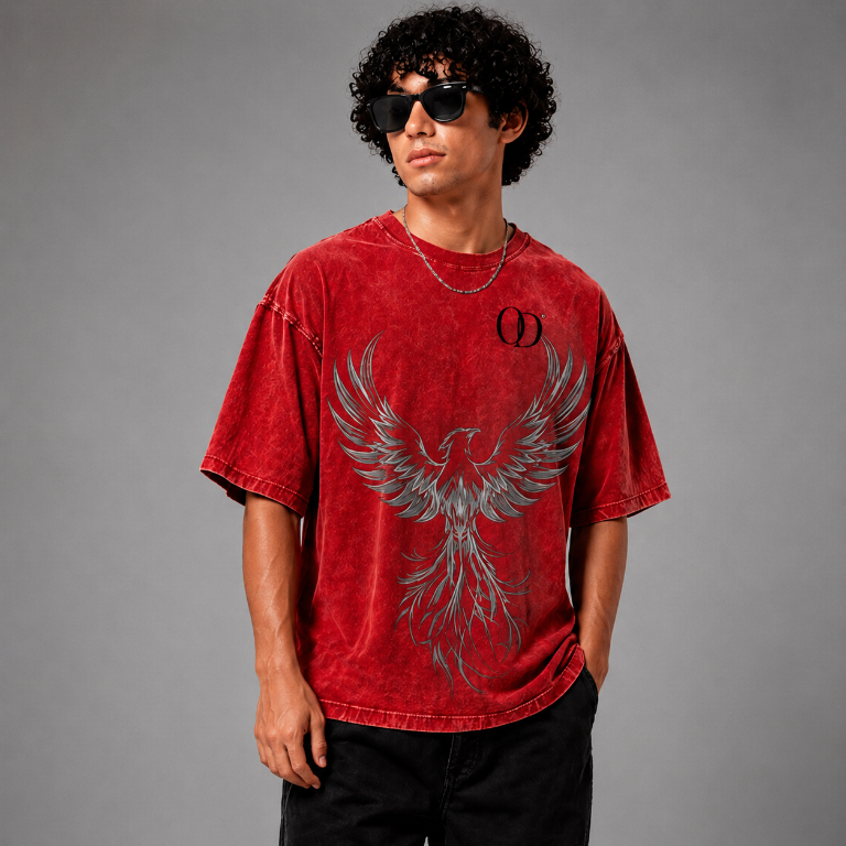 Red Acid Wash Oversized Phoenix Rising Graphic T-Shirt