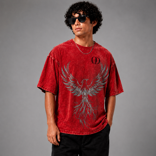 Red Acid Wash Oversized Phoenix Rising Graphic T-Shirt