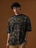 Black Oversized Tribal Folk Art All-Over Print T-Shirt