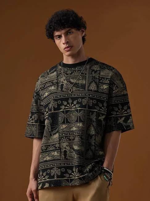 Black Oversized Tribal Folk Art All-Over Print T-Shirt