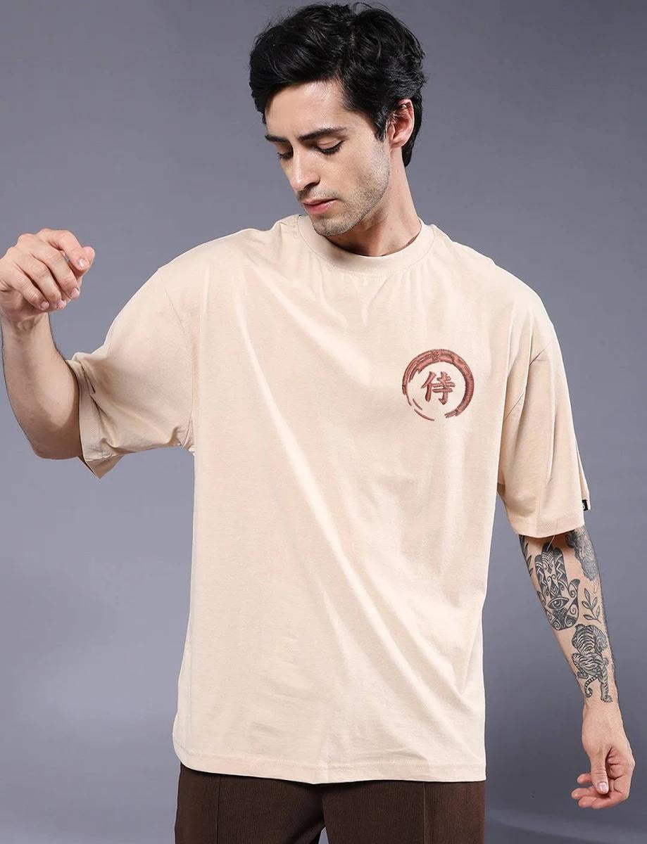 Beige Oversized Samurai "Step Forward" Graphic T-Shirt