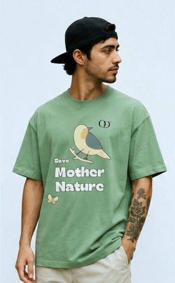 Sage Green Oversized "Save Mother Nature" Graphic T-Shirt