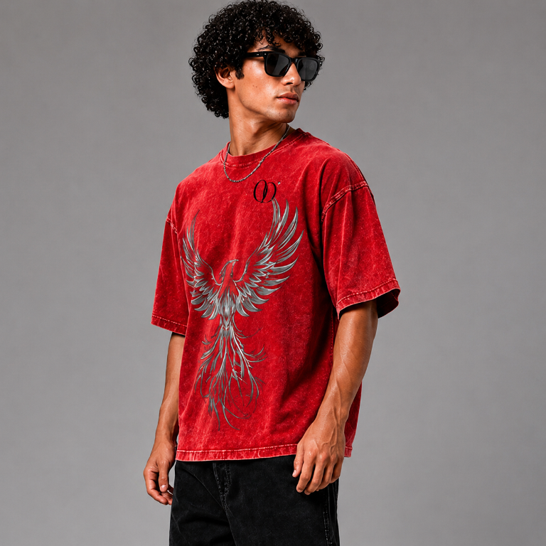 Red Acid Wash Oversized Phoenix Rising Graphic T-Shirt