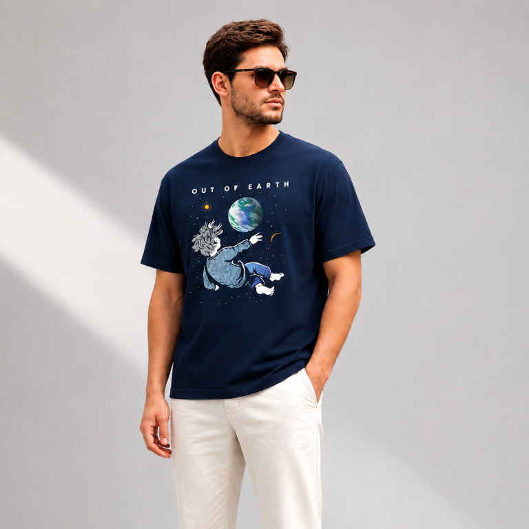 Out of Earth Graphic Print Oversized T-Shirt | Navy Blue Unisex Cotton Tee