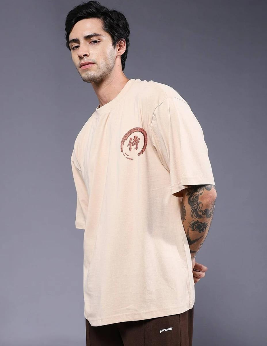 Beige Oversized Samurai "Step Forward" Graphic T-Shirt