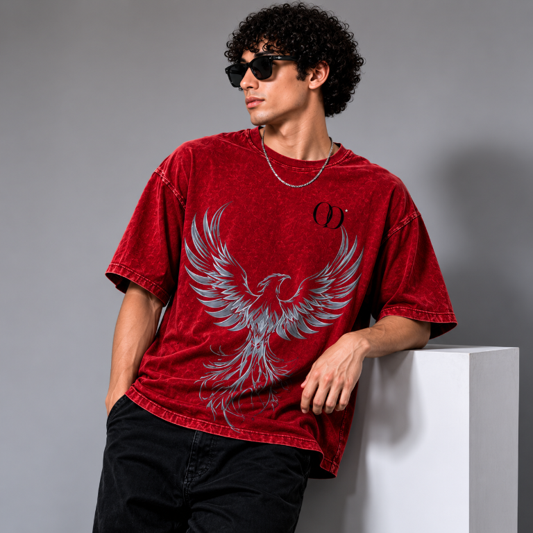Red Acid Wash Oversized Phoenix Rising Graphic T-Shirt