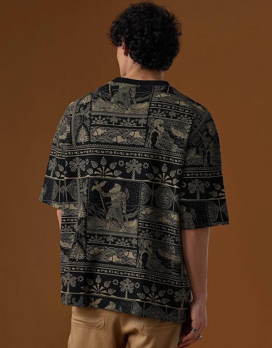 Black Oversized Tribal Folk Art All-Over Print T-Shirt