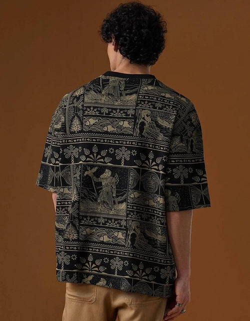 Black Oversized Tribal Folk Art All-Over Print T-Shirt
