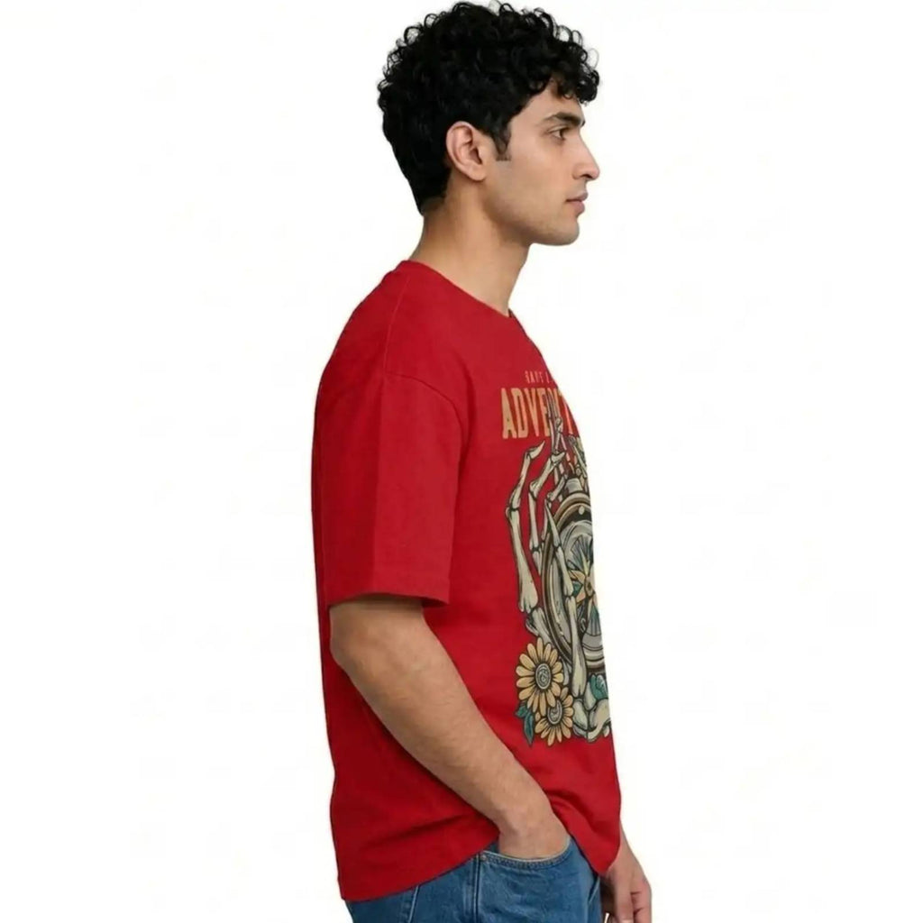 Red Oversized "Have A Nice Adventure" Skeleton Compass Graphic T-Shirt