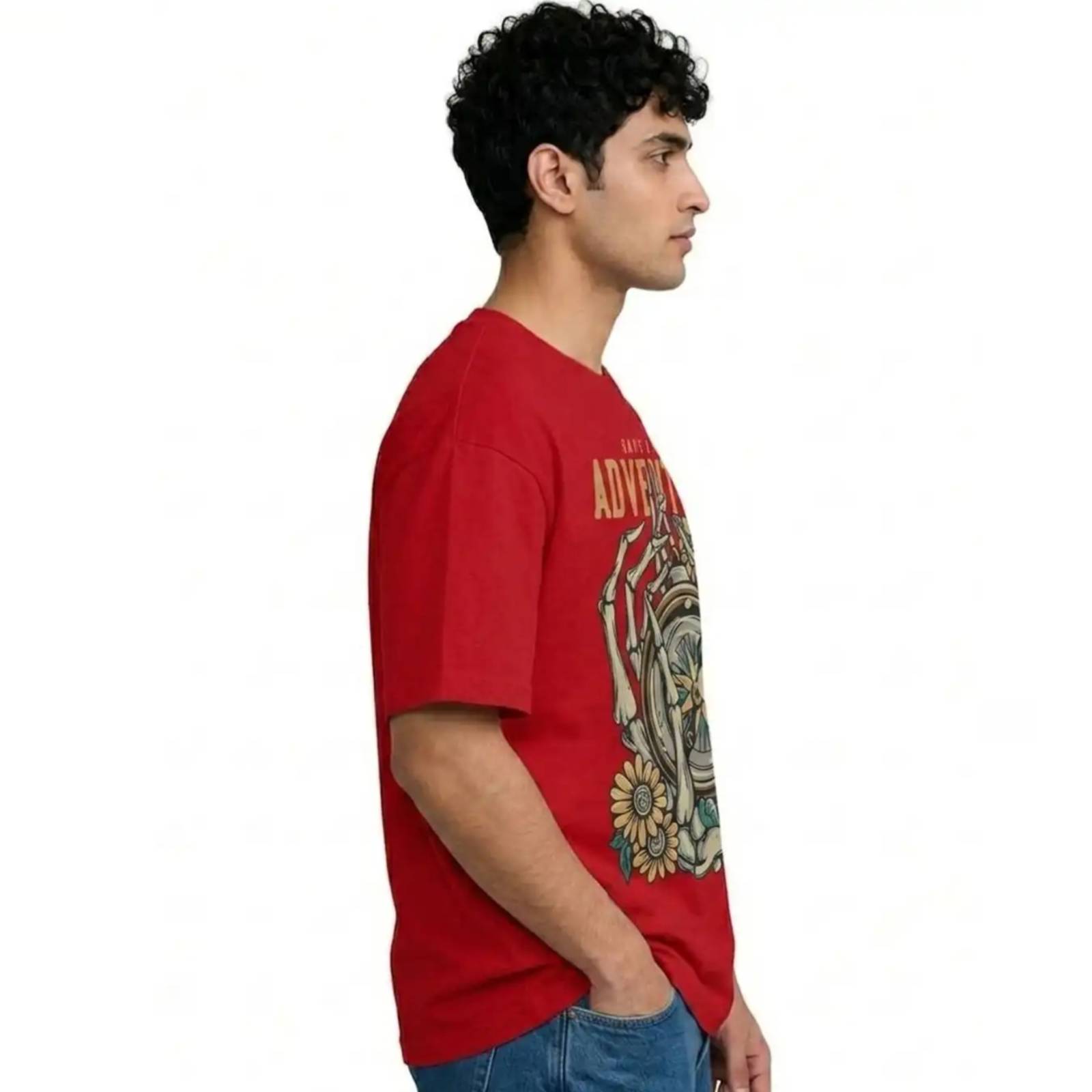 Red Oversized "Have A Nice Adventure" Skeleton Compass Graphic T-Shirt