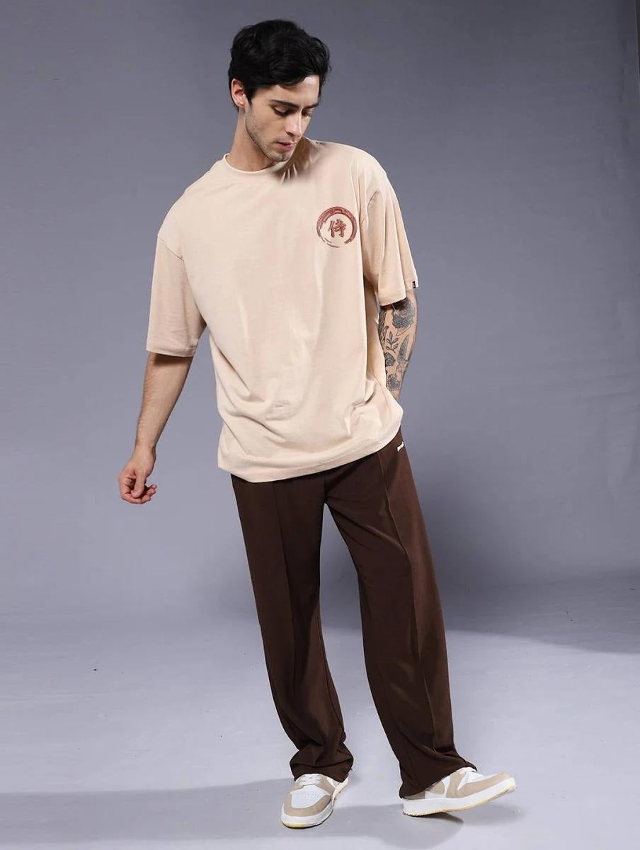 Beige Oversized Samurai "Step Forward" Graphic T-Shirt