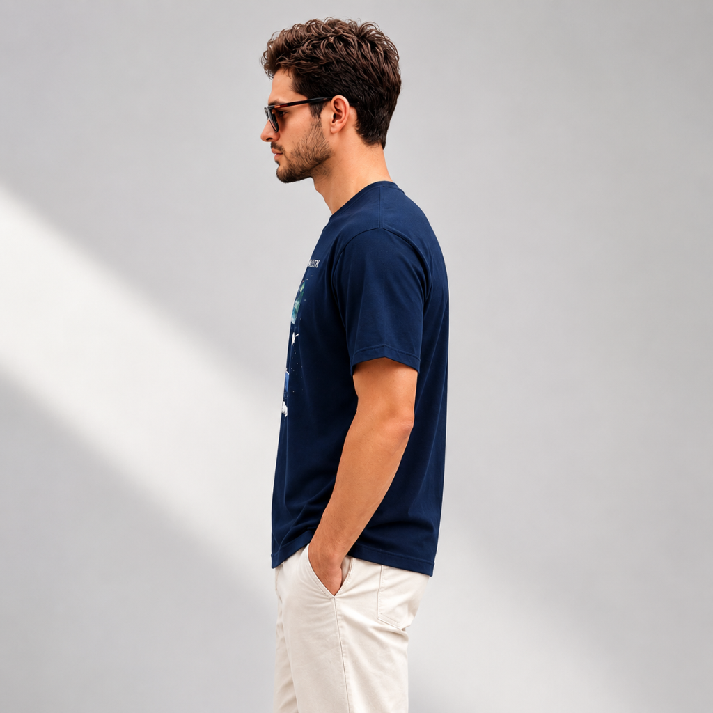 Out of Earth Graphic Print Oversized T-Shirt | Navy Blue Unisex Cotton Tee