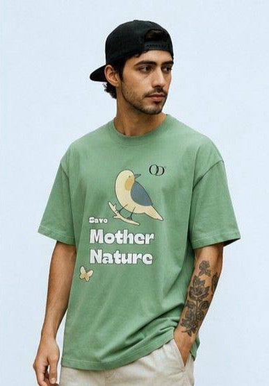 Sage Green Oversized "Save Mother Nature" Graphic T-Shirt