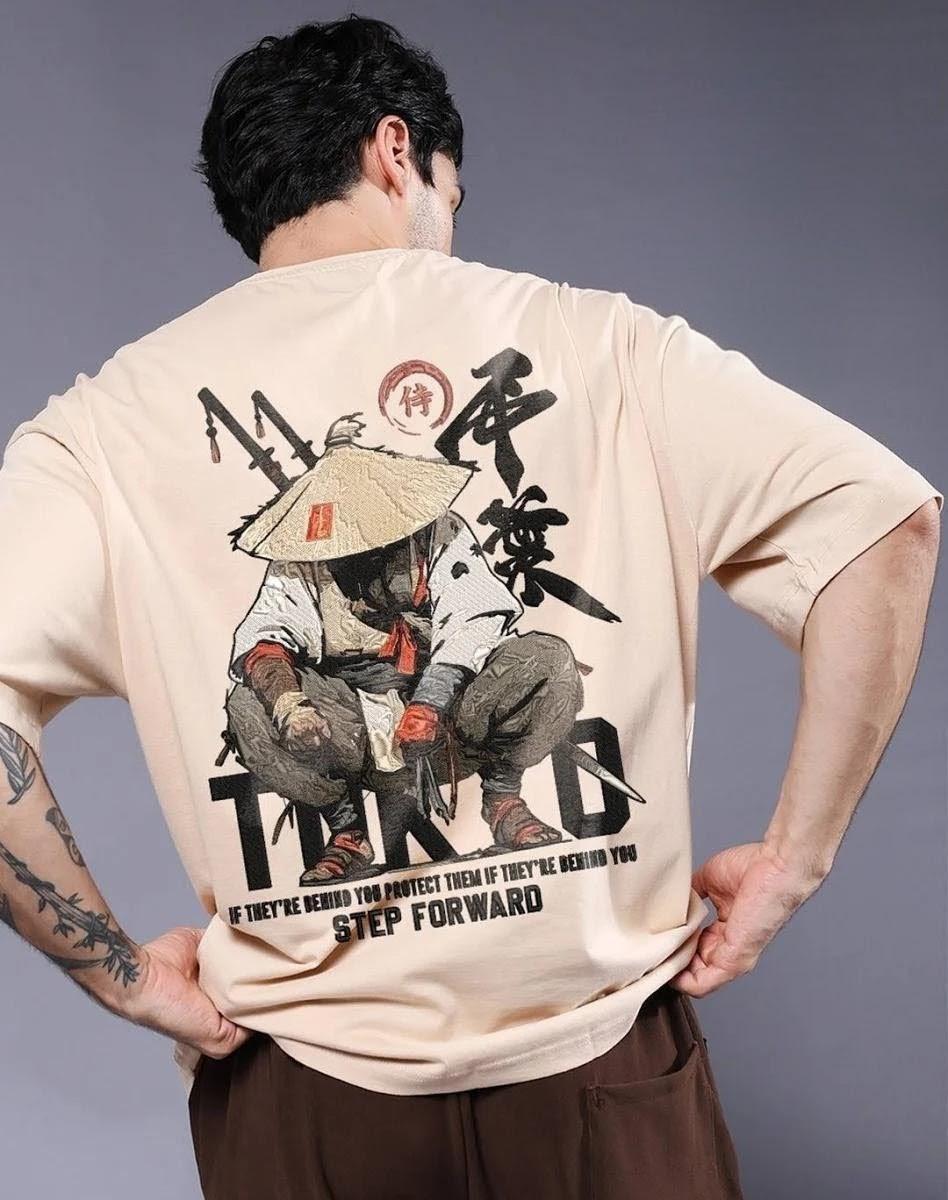 Beige Oversized Samurai "Step Forward" Graphic T-Shirt
