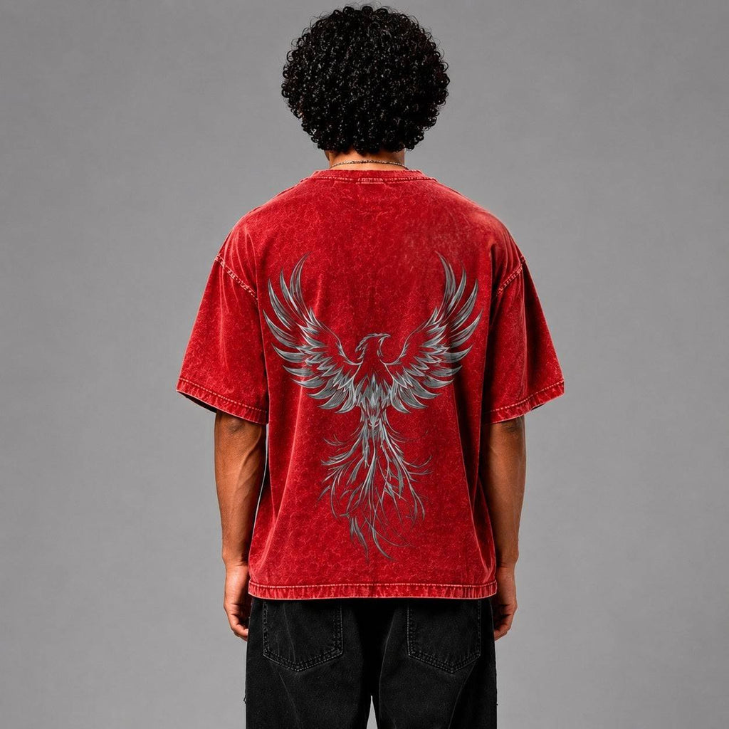 Red Acid Wash Oversized Phoenix Rising Graphic T-Shirt