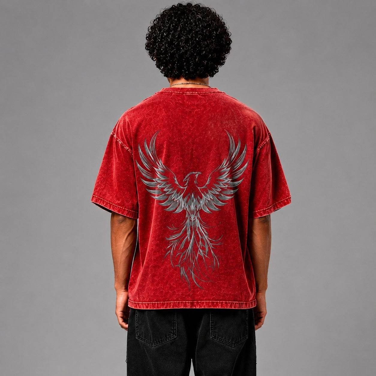 Red Acid Wash Oversized Phoenix Rising Graphic T-Shirt