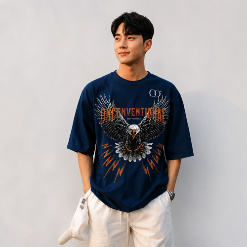 Navy Blue Oversized "Unconventional" Eagle Graphic T-Shirt