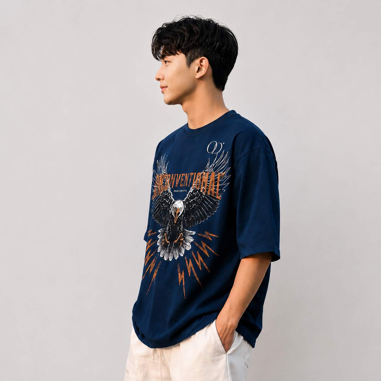 Navy Blue Oversized "Unconventional" Eagle Graphic T-Shirt