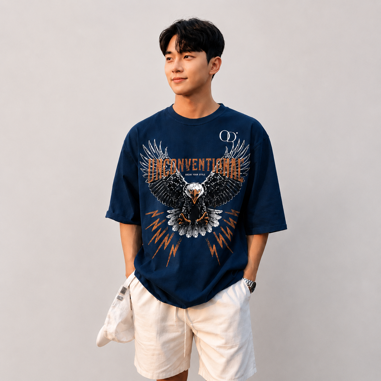 Navy Blue Oversized "Unconventional" Eagle Graphic T-Shirt