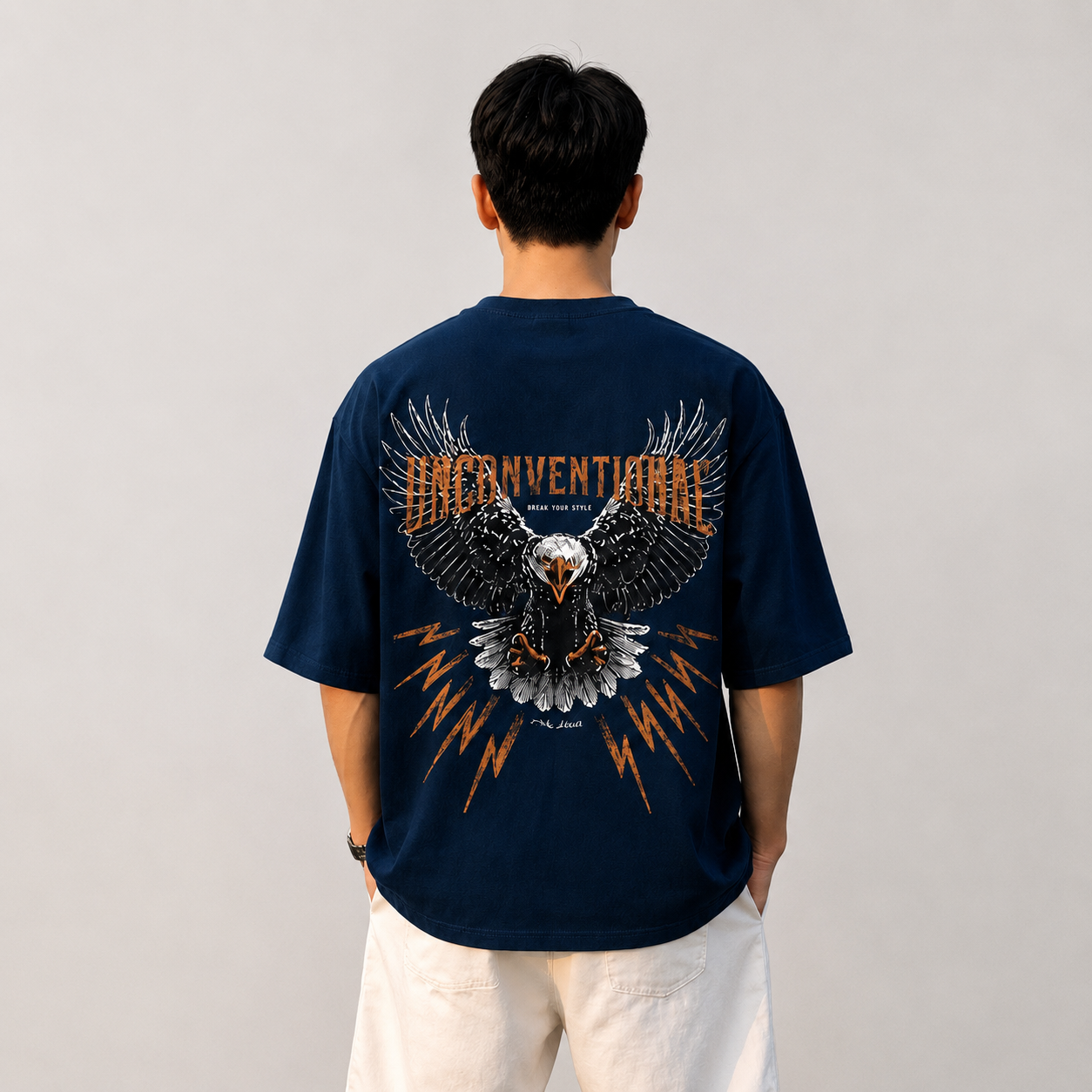 Navy Blue Oversized "Unconventional" Eagle Graphic T-Shirt