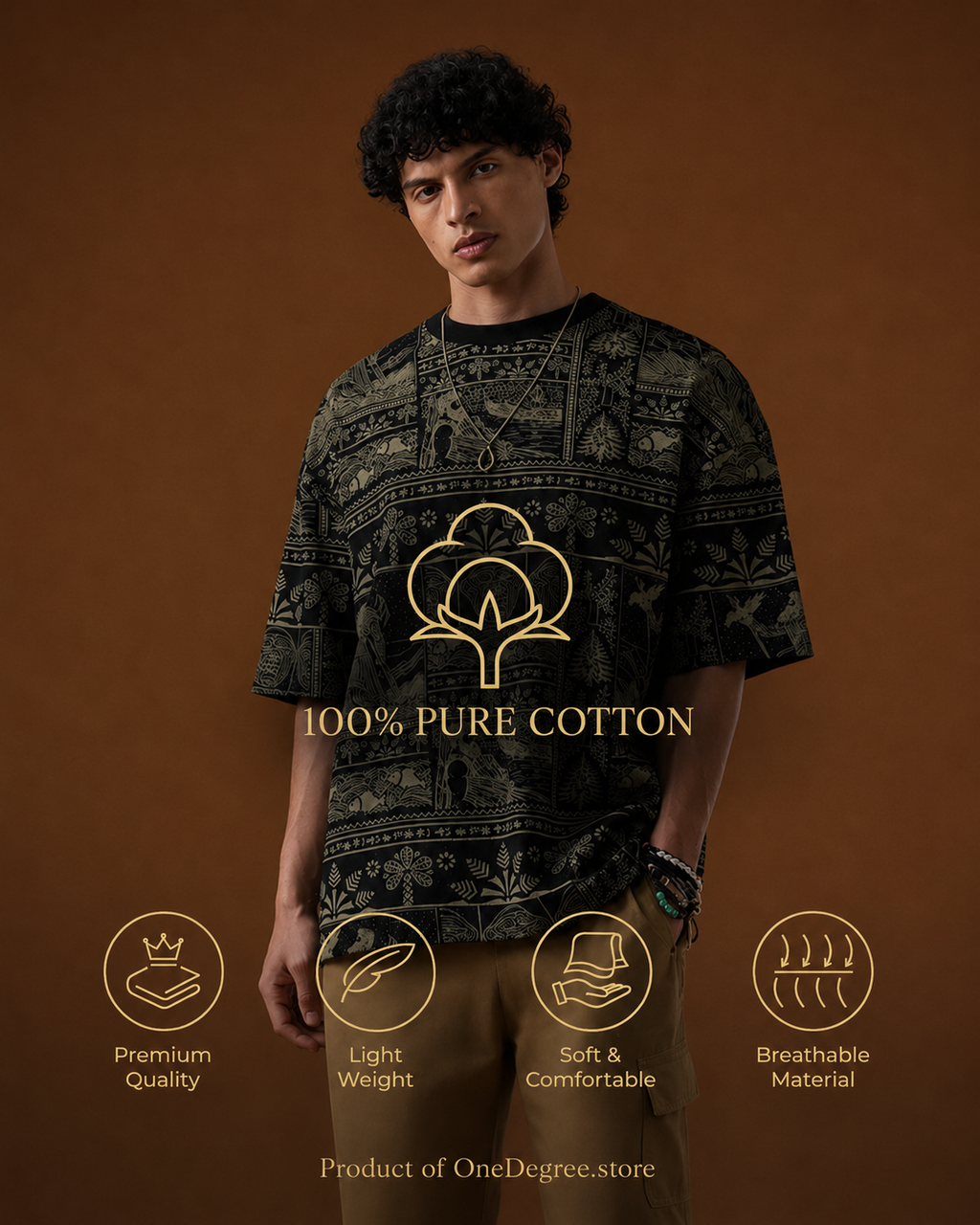 Black Oversized Tribal Folk Art All-Over Print T-Shirt